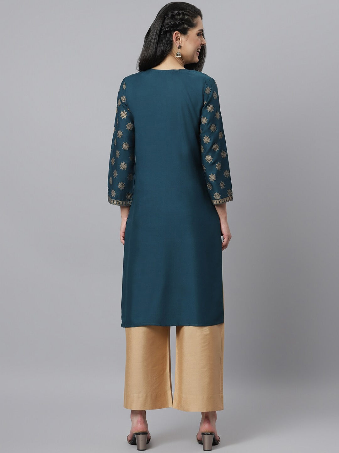 Women's Gold Printed Rayon Straight Kurta - Image 3