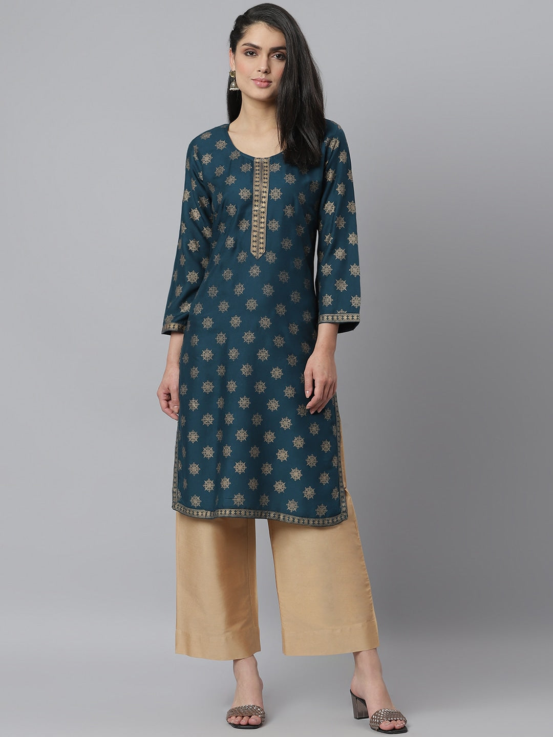 Women's Gold Printed Rayon Straight Kurta - Image 5