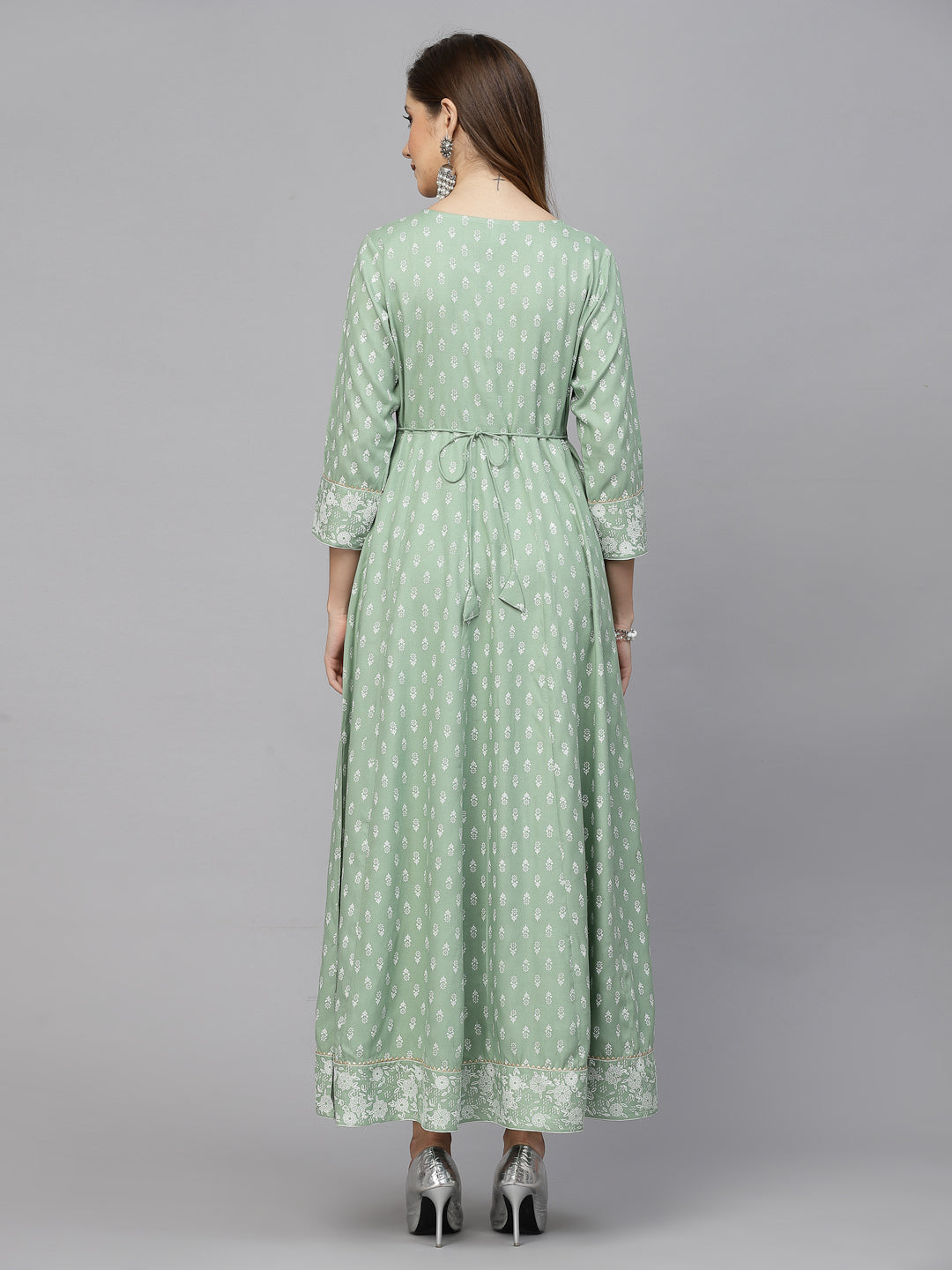 Green Printed & Embroidered Rayon Anarkali Kurta - Image 2