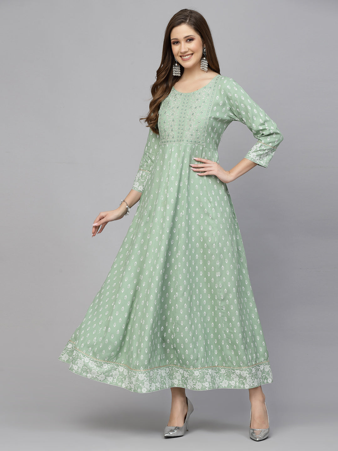 Green Printed & Embroidered Rayon Anarkali Kurta - Image 3