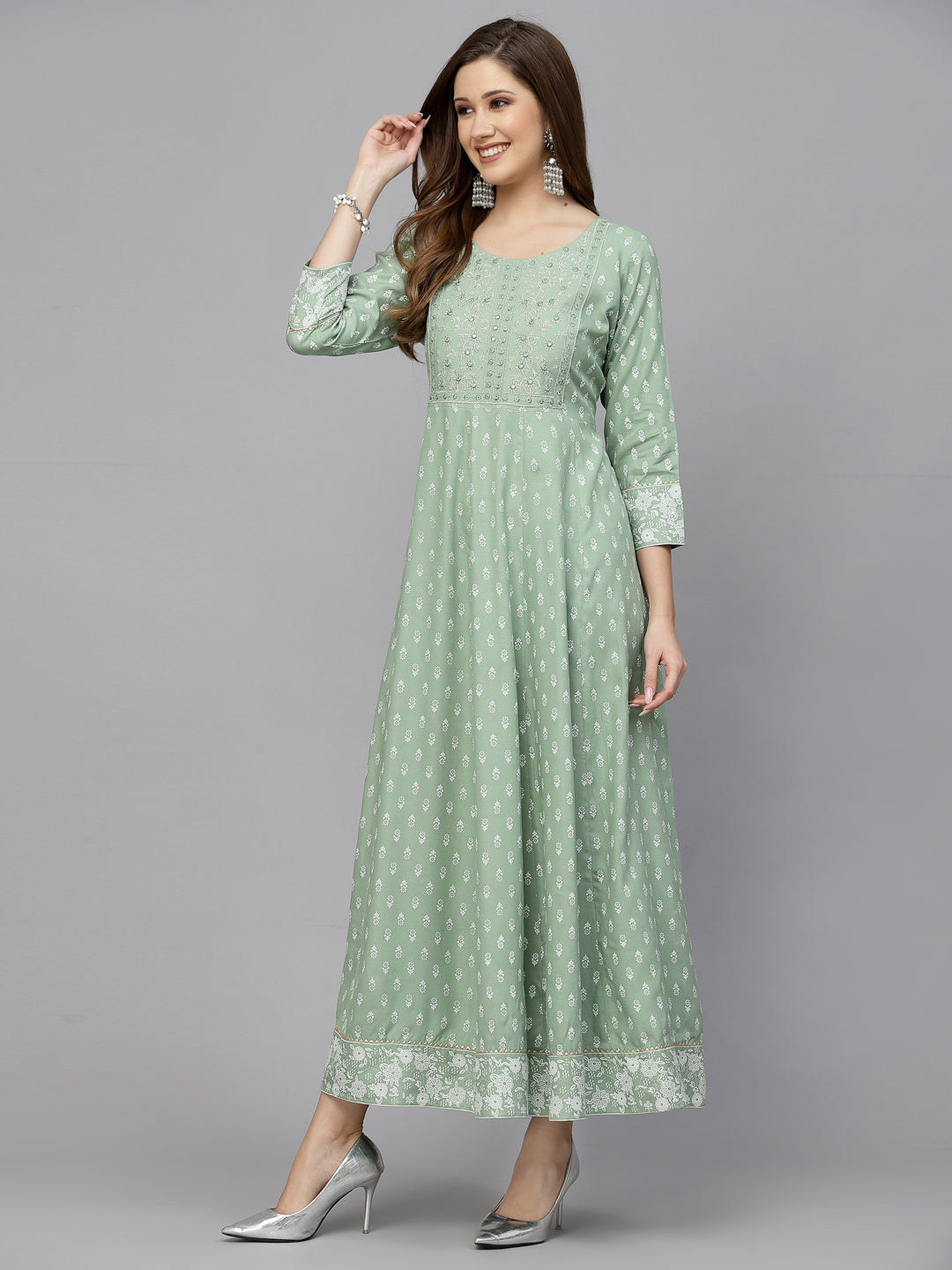 Green Printed & Embroidered Rayon Anarkali Kurta - Image 4