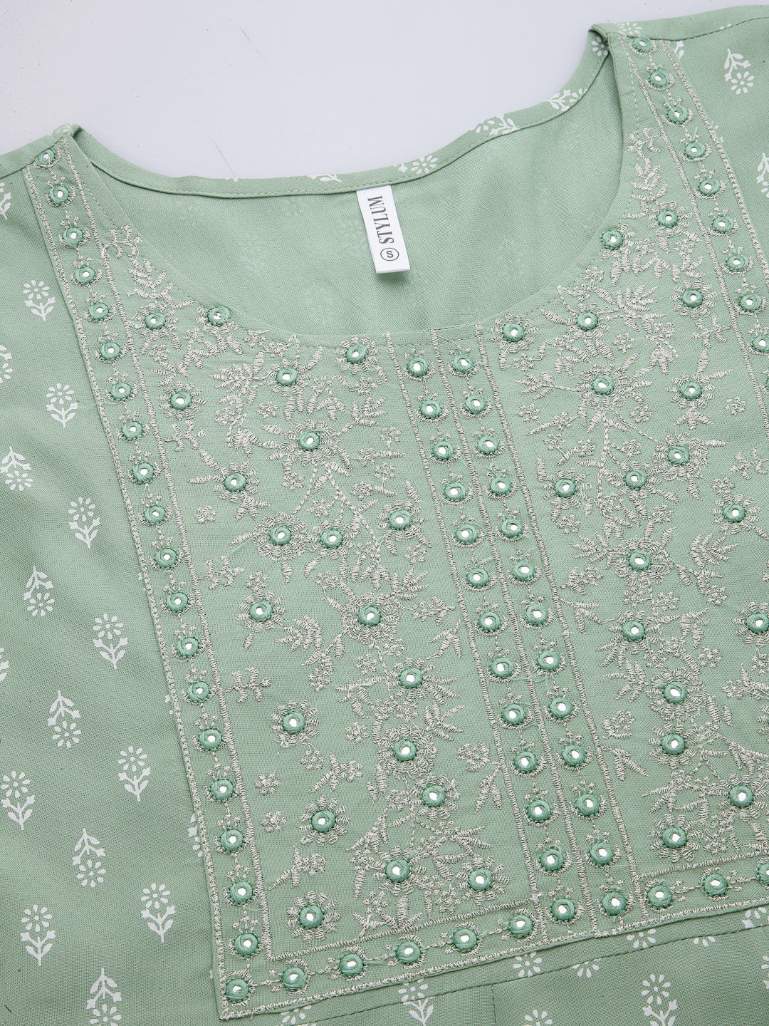 Green Printed & Embroidered Rayon Anarkali Kurta - Image 5