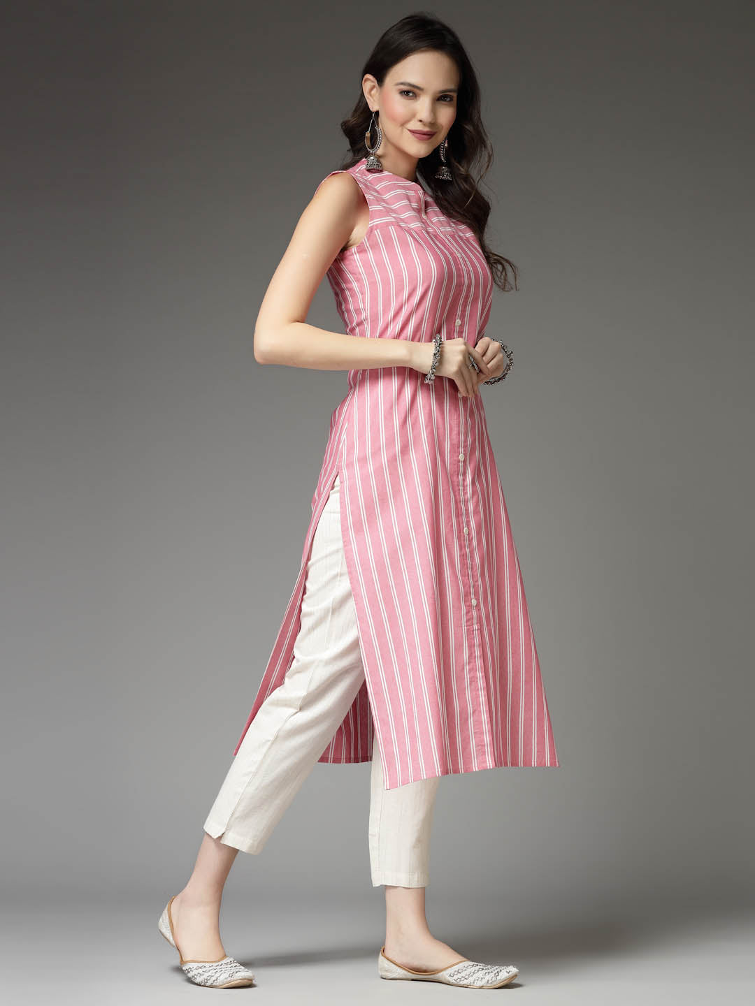 Woven Striped Cotton Blend Straight Kurta - Image 3