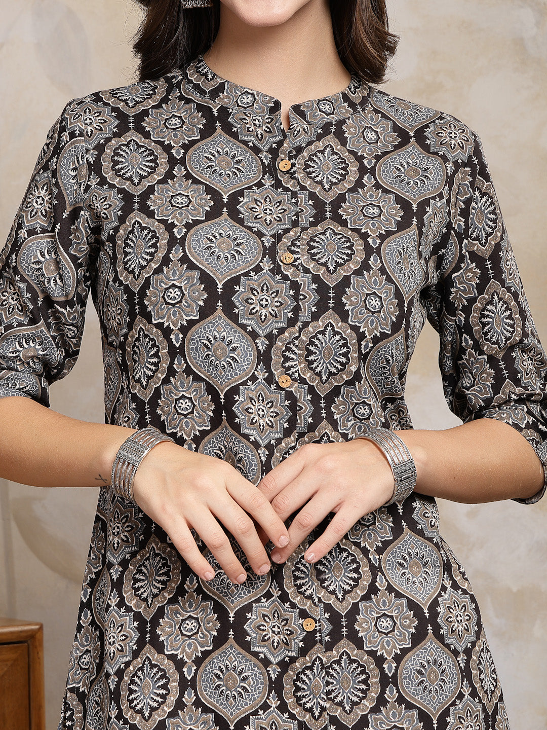 Black Ajrakh Printed Rayon A-Line Kurta - Image 2