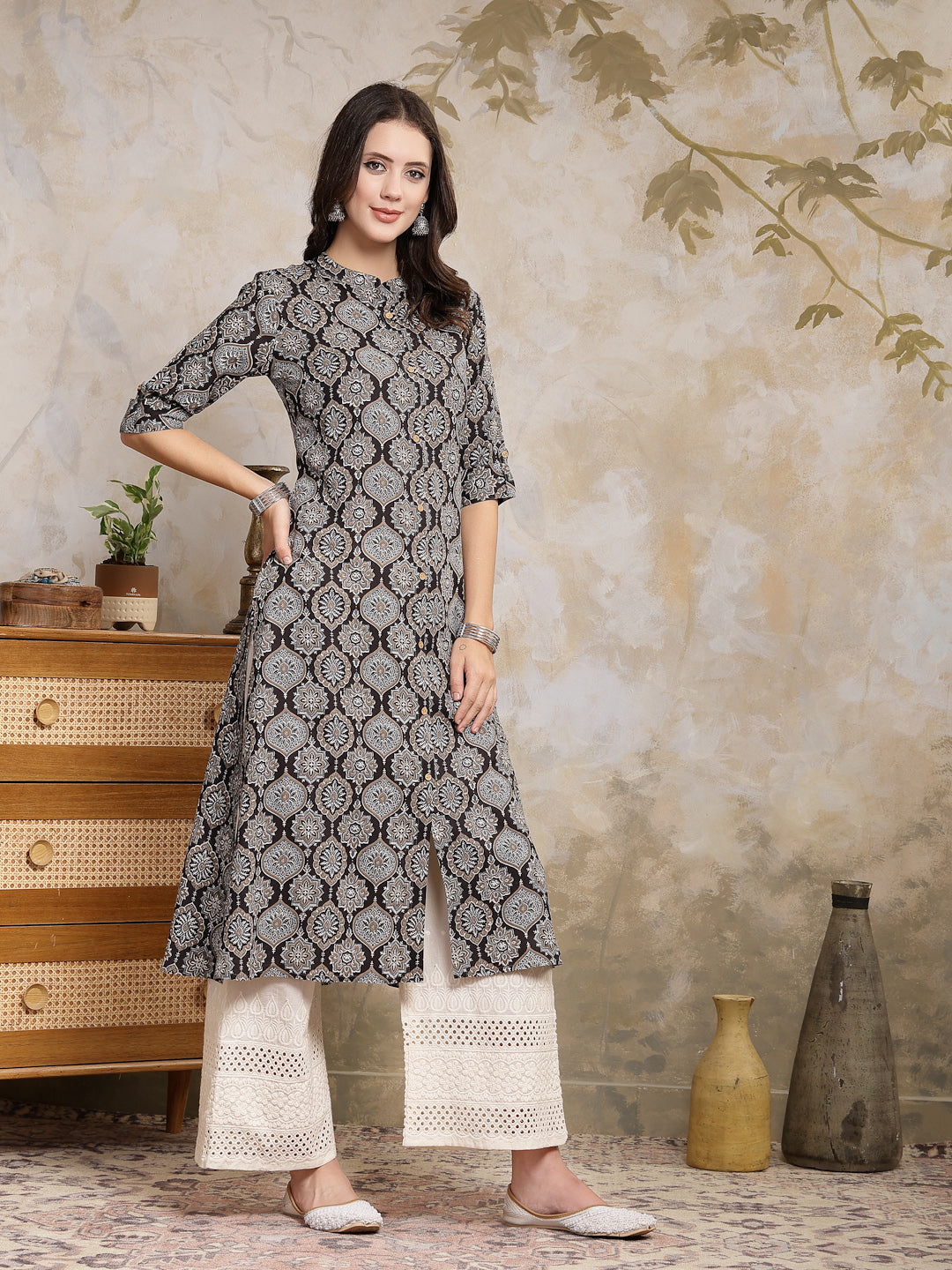 Black Ajrakh Printed Rayon A-Line Kurta - Image 3