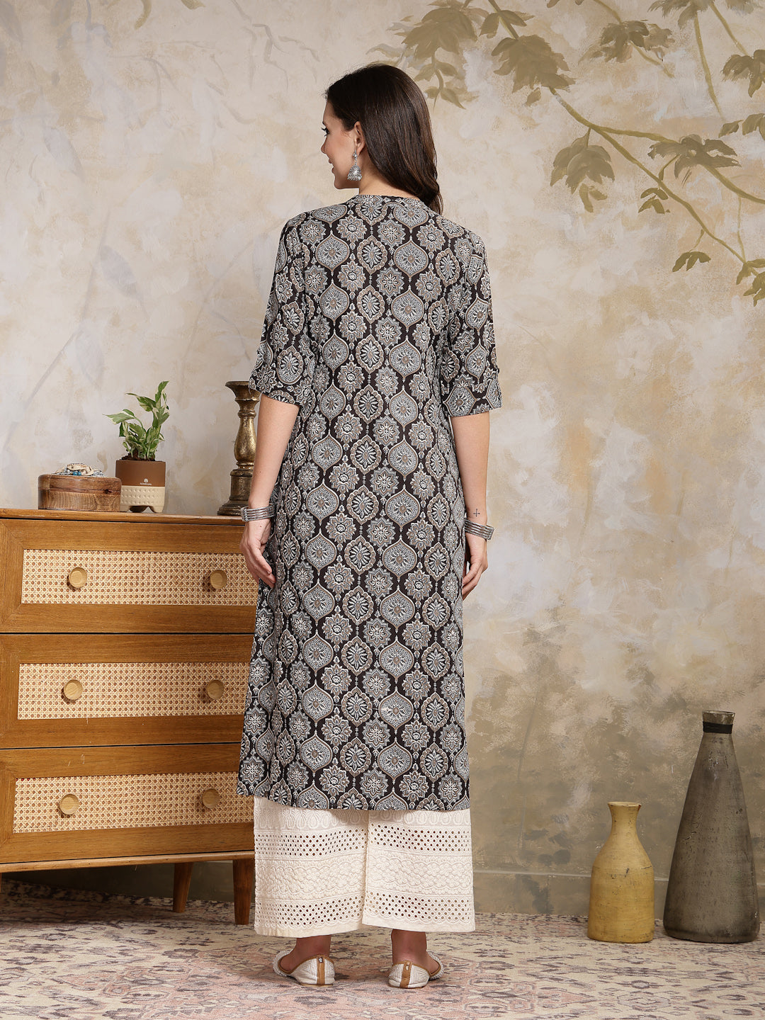 Black Ajrakh Printed Rayon A-Line Kurta - Image 4