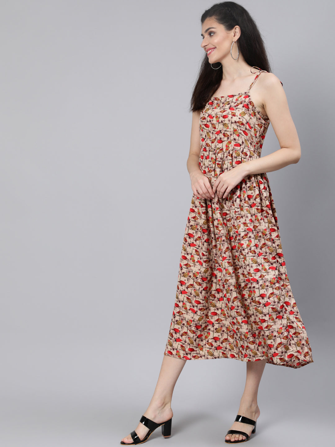 Beige Printed Maxi Dress With Flared - Image 2