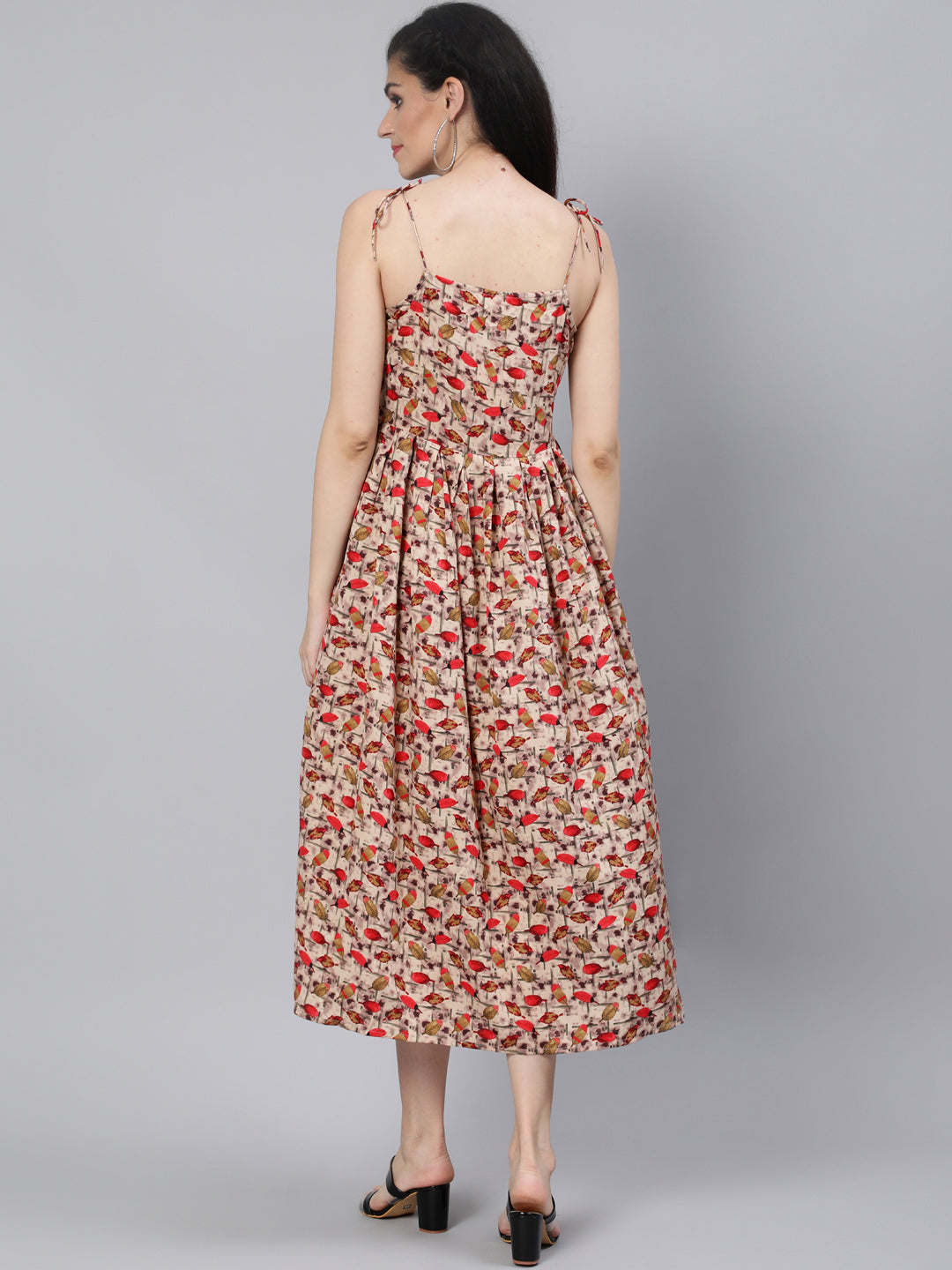 Beige Printed Maxi Dress With Flared - Image 3