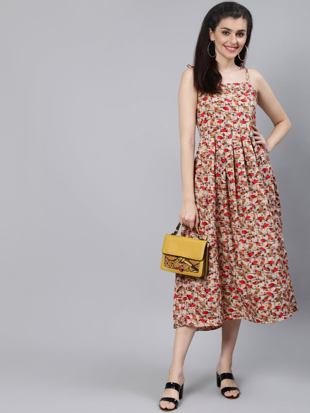 Beige Printed Maxi Dress With Flared - Image 5