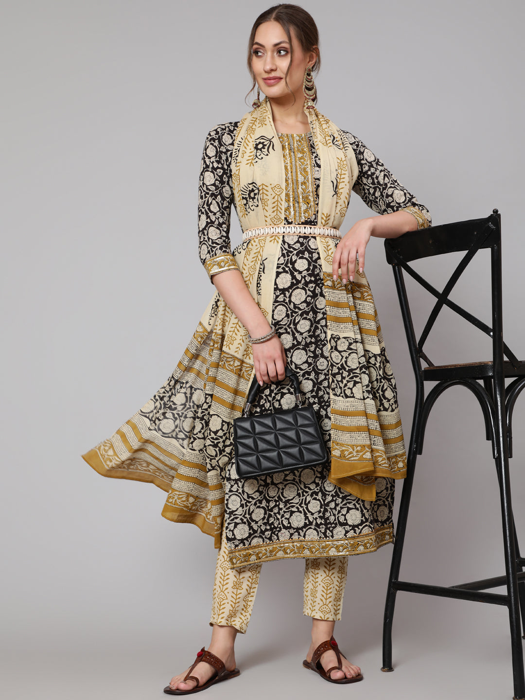 Cotton Black Calf Length Straight 3/4 Sleeve Round Neck Printed Kurta, Pants & Cotton Dupatta - Image 2