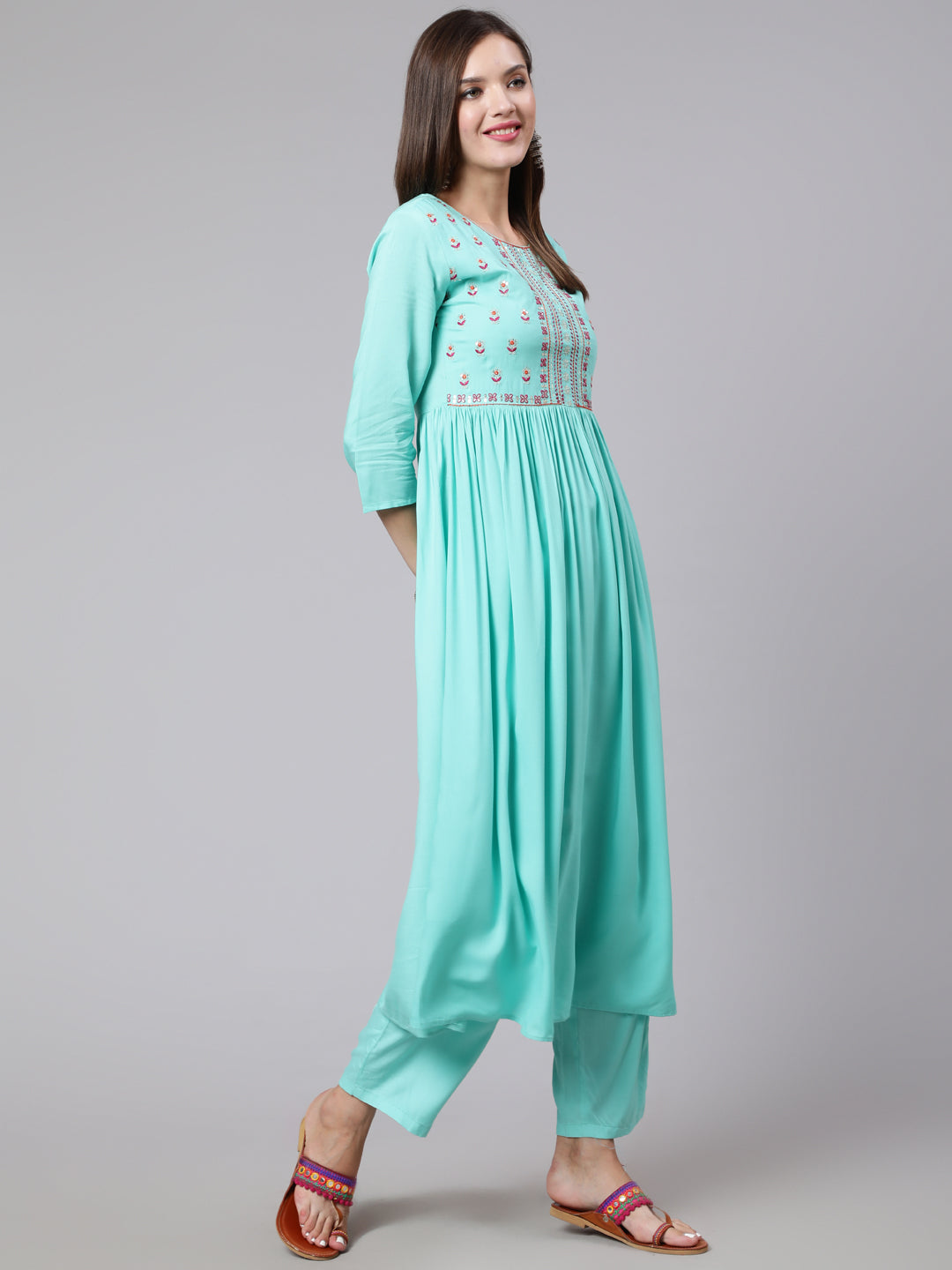 Rayon Embroidery Calf Length Flared 3/4 Sleeve Round Neck Kurta, Pants With Dupatta Set - Image 3