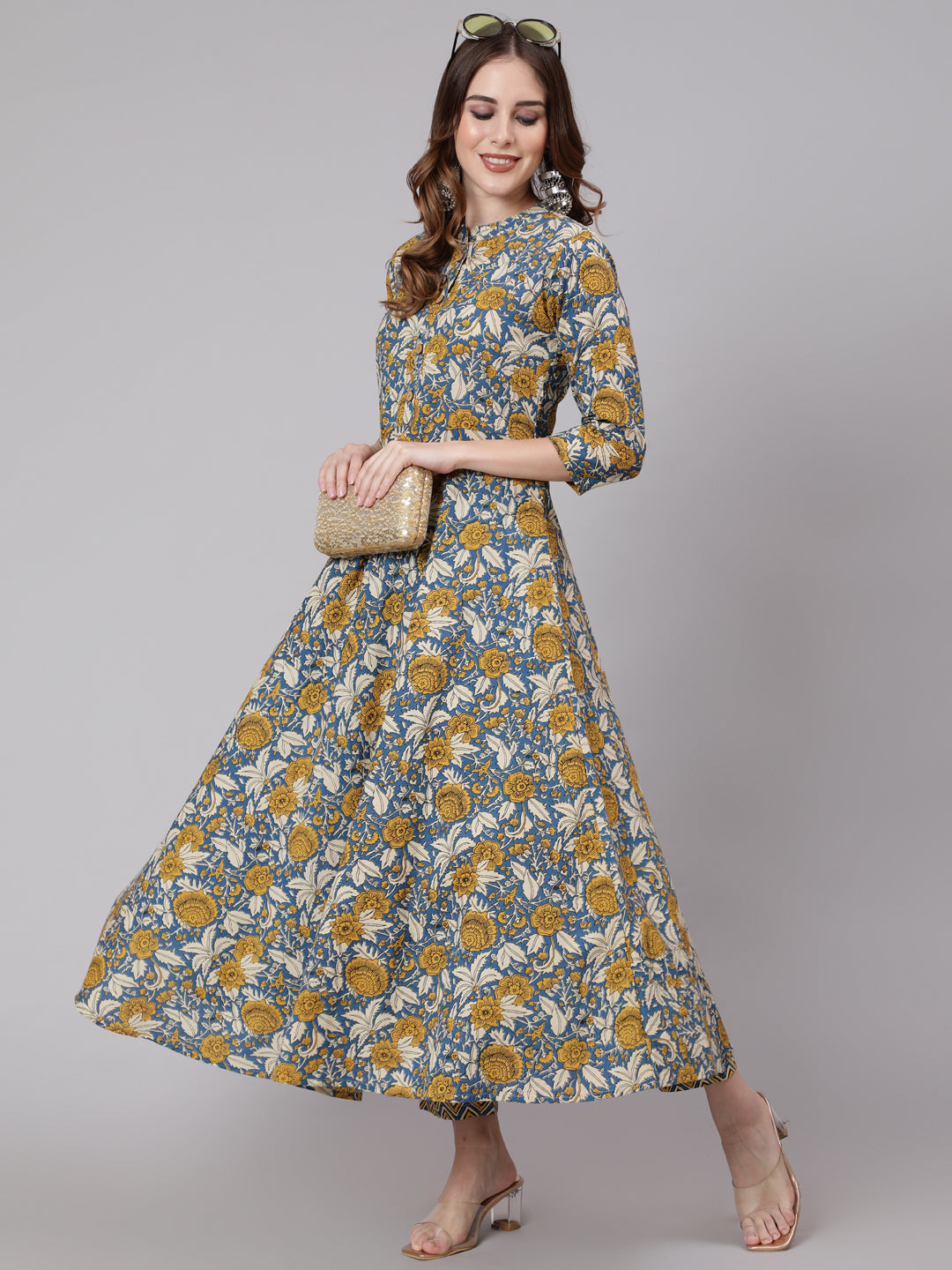 Cotton Calf Length Anarkali 3/4 Sleeve Mandarin Neck Printed Kurta, Pants - Image 2