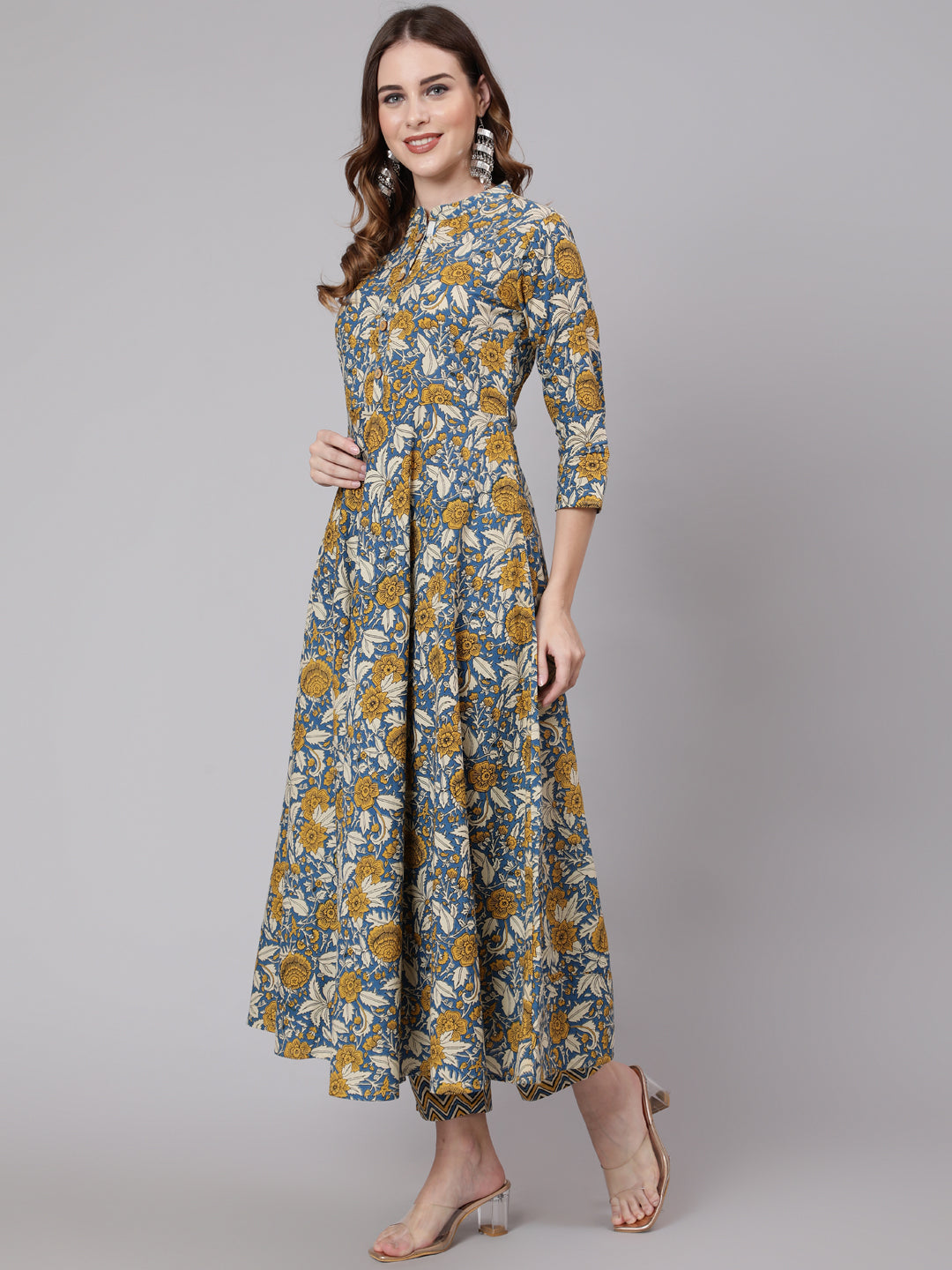Cotton Calf Length Anarkali 3/4 Sleeve Mandarin Neck Printed Kurta, Pants - Image 3