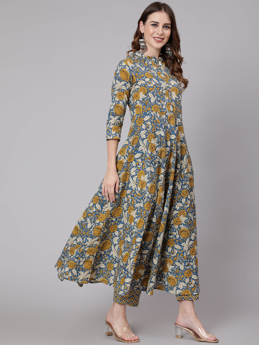 Cotton Calf Length Anarkali 3/4 Sleeve Mandarin Neck Printed Kurta, Pants - Image 4