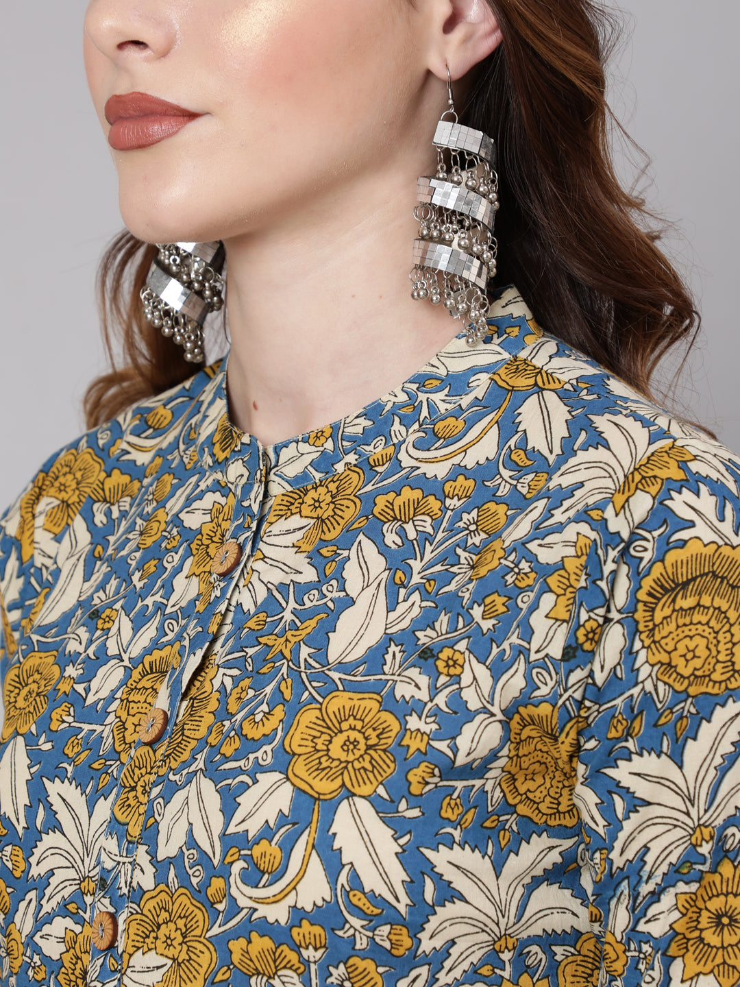 Cotton Calf Length Anarkali 3/4 Sleeve Mandarin Neck Printed Kurta, Pants - Image 5
