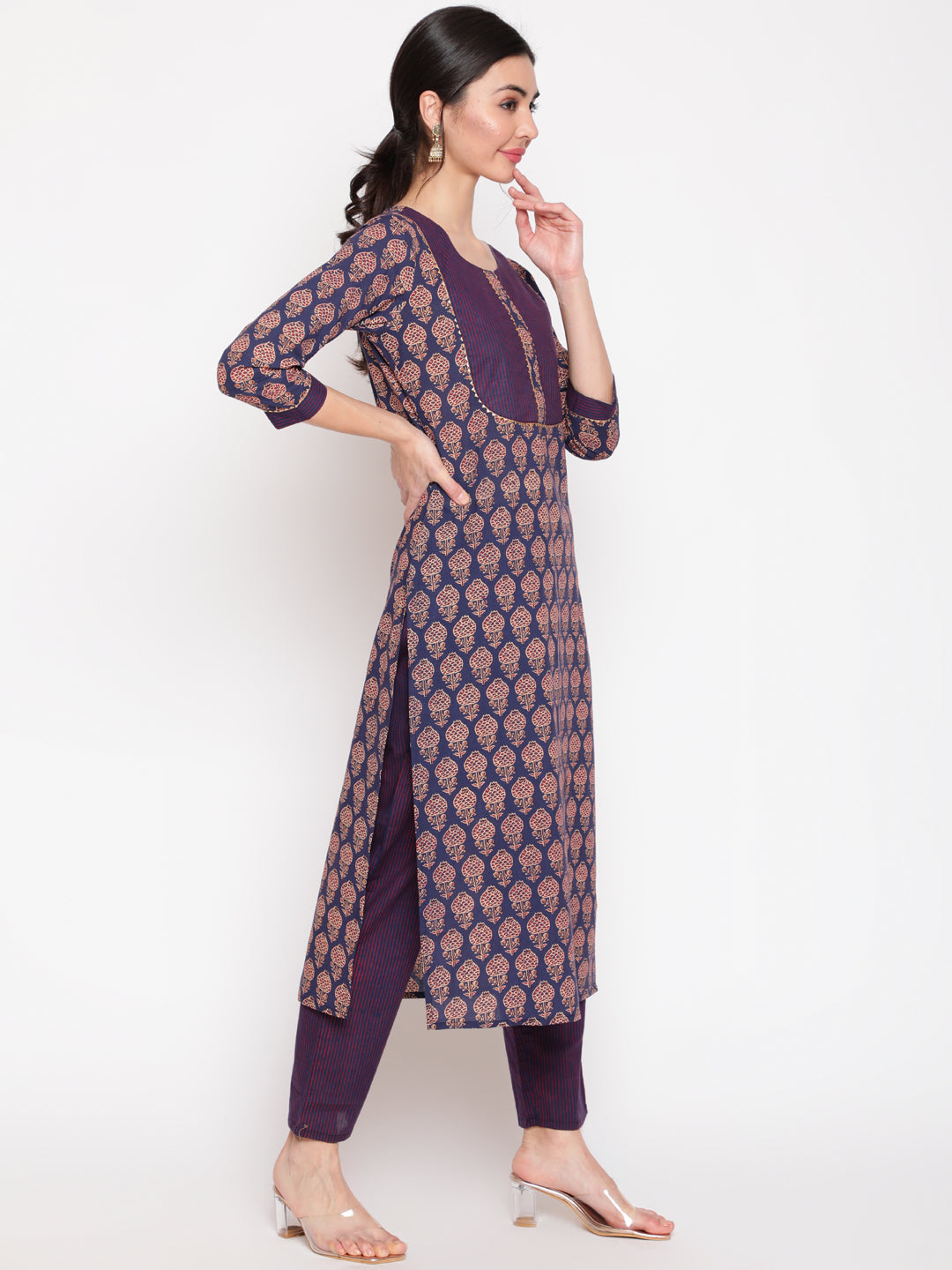 Cotton Blue Calf Length Straight 3/4 Sleeve Round Neck Printed Kurta, Pants & Cotton Dupatta - Image 3