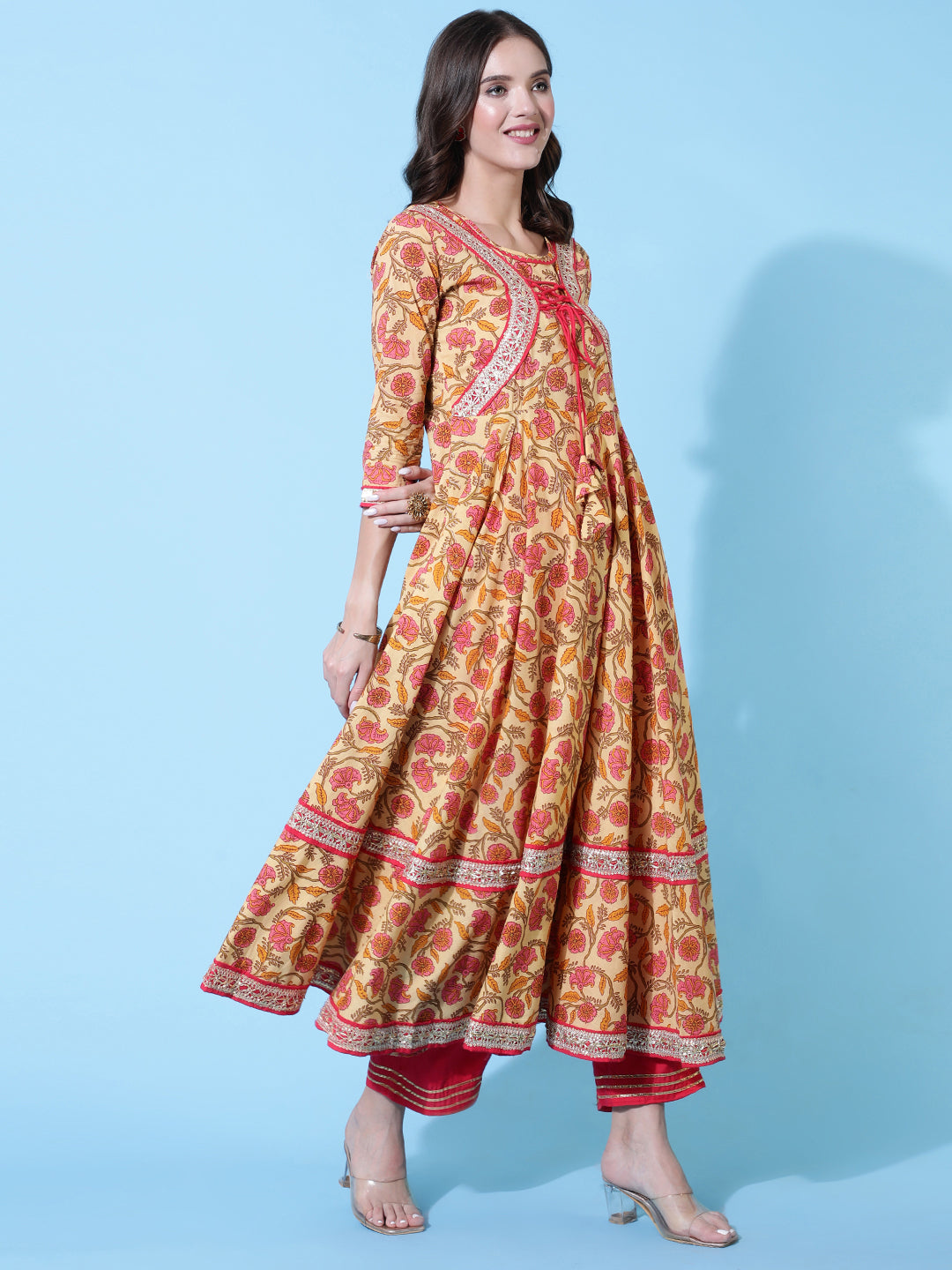 Rayon Printed Ankle Length Flared 3/4 Sleeve Round Neck Kurta, Pants With Dupatta Set - Image 3