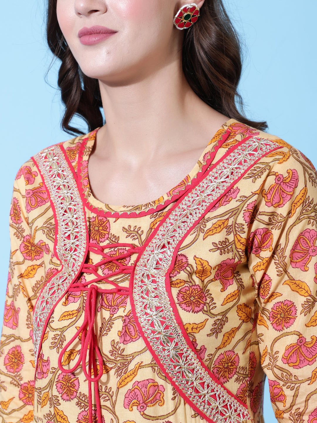 Rayon Printed Ankle Length Flared 3/4 Sleeve Round Neck Kurta, Pants With Dupatta Set - Image 5