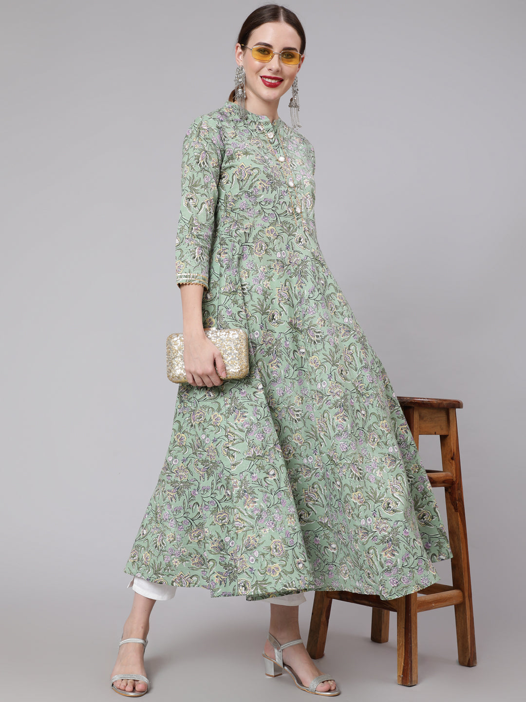 Cotton Printed Mandarin Neck 3/4 Sleeve Anarkali Ankle Length Ethnic Kurta