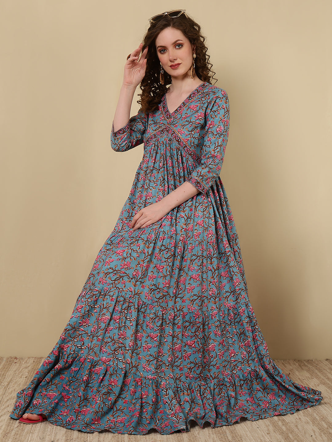 Rayon Printed Ankle Length 3/4 Sleeve V-Neck Alia Cut Tiered Kurta - Image 2