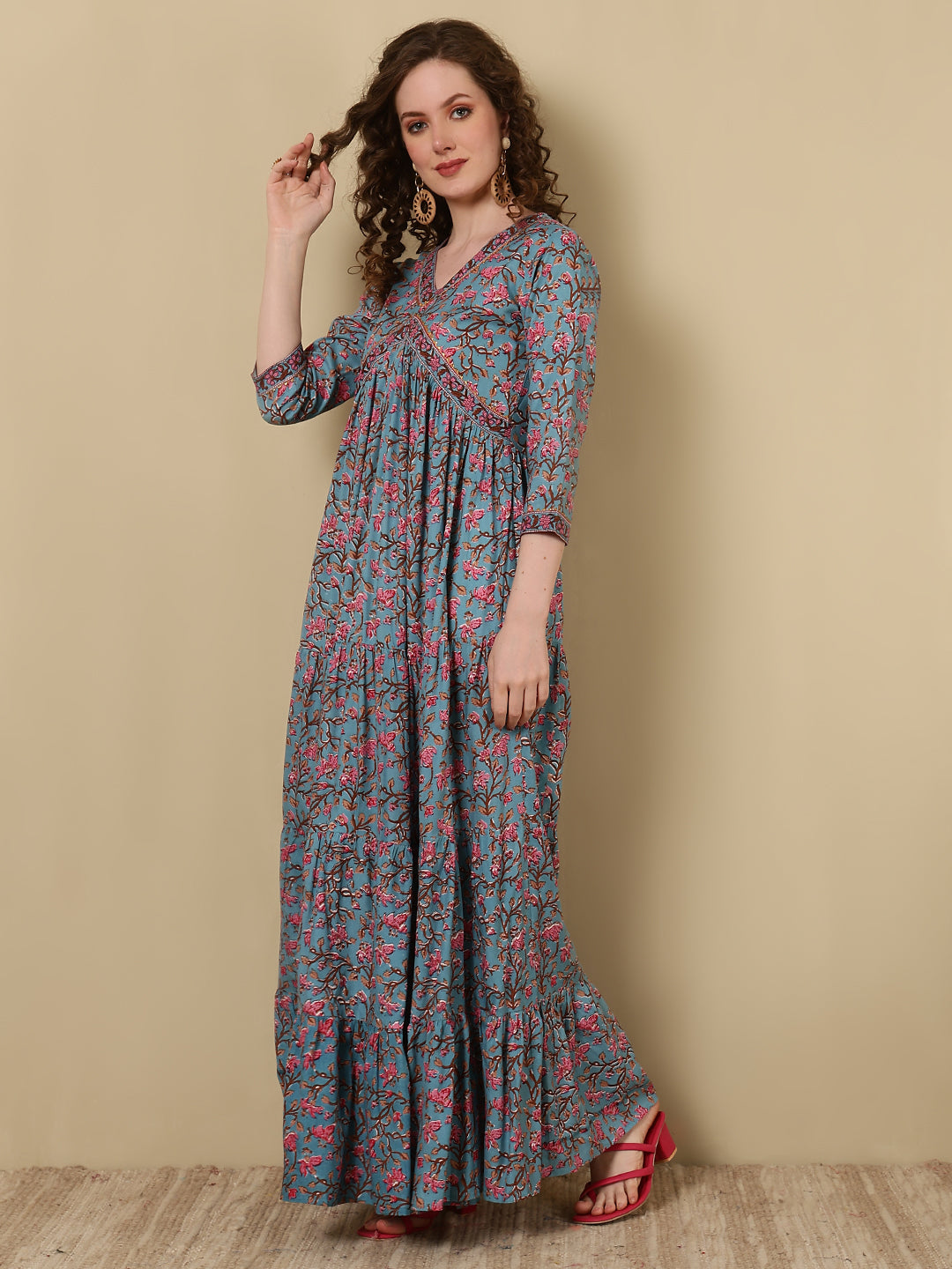Rayon Printed Ankle Length 3/4 Sleeve V-Neck Alia Cut Tiered Kurta - Image 3