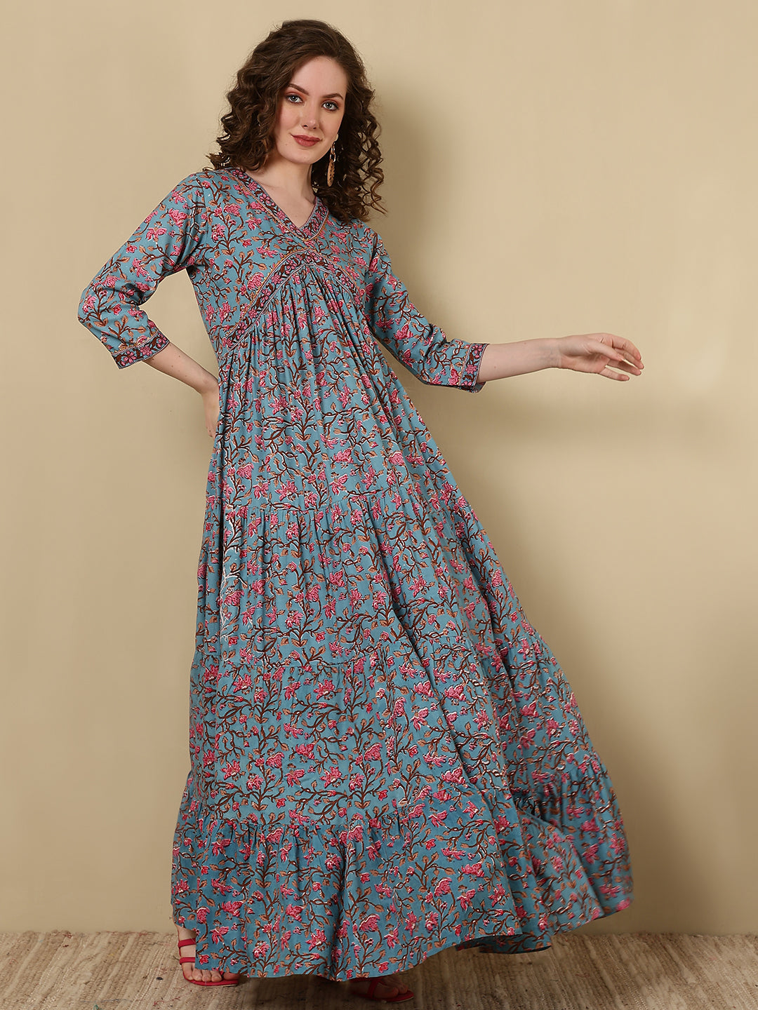 Rayon Printed Ankle Length 3/4 Sleeve V-Neck Alia Cut Tiered Kurta - Image 4