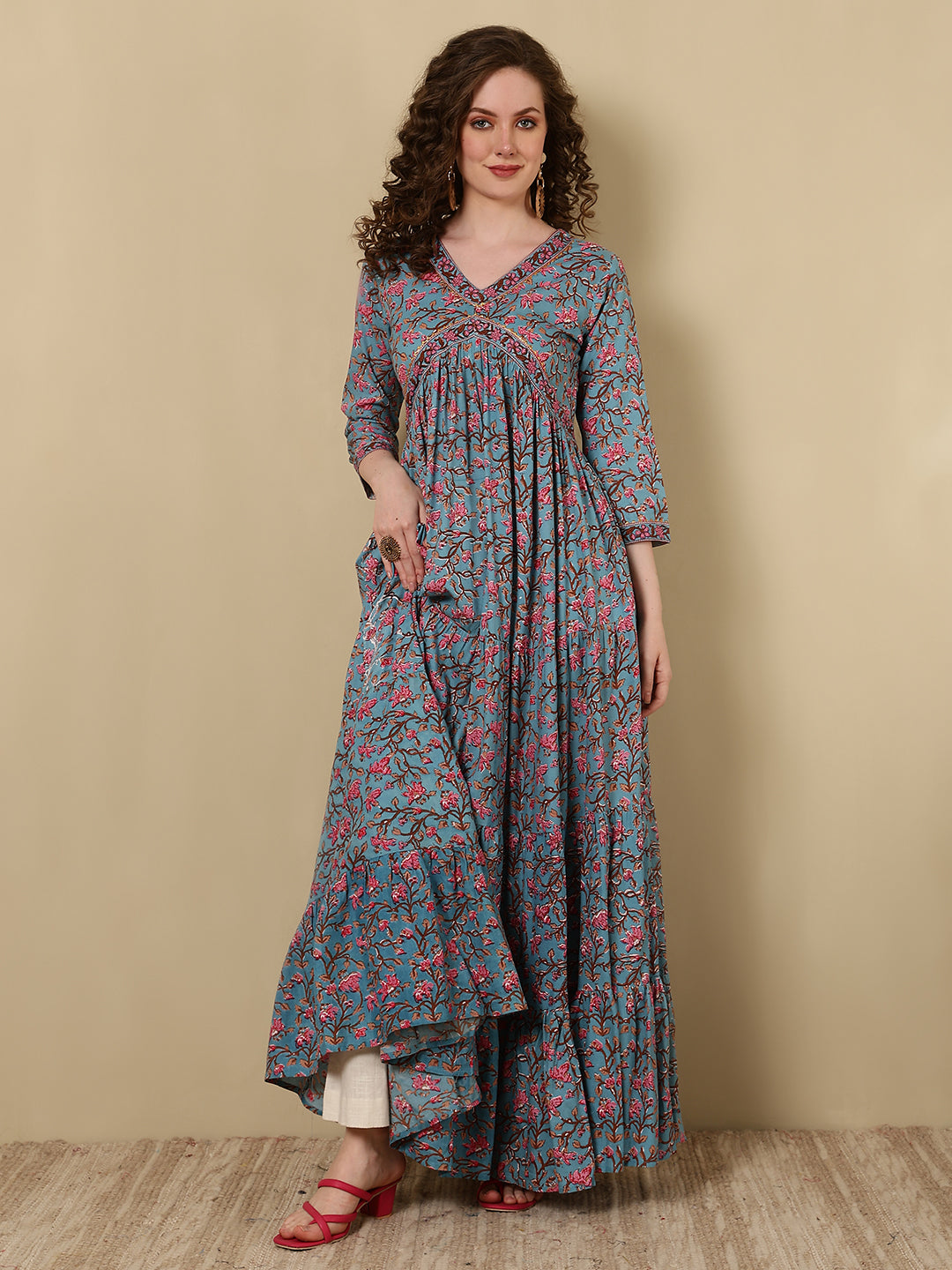 Rayon Printed Ankle Length 3/4 Sleeve V-Neck Alia Cut Tiered Kurta - Image 5