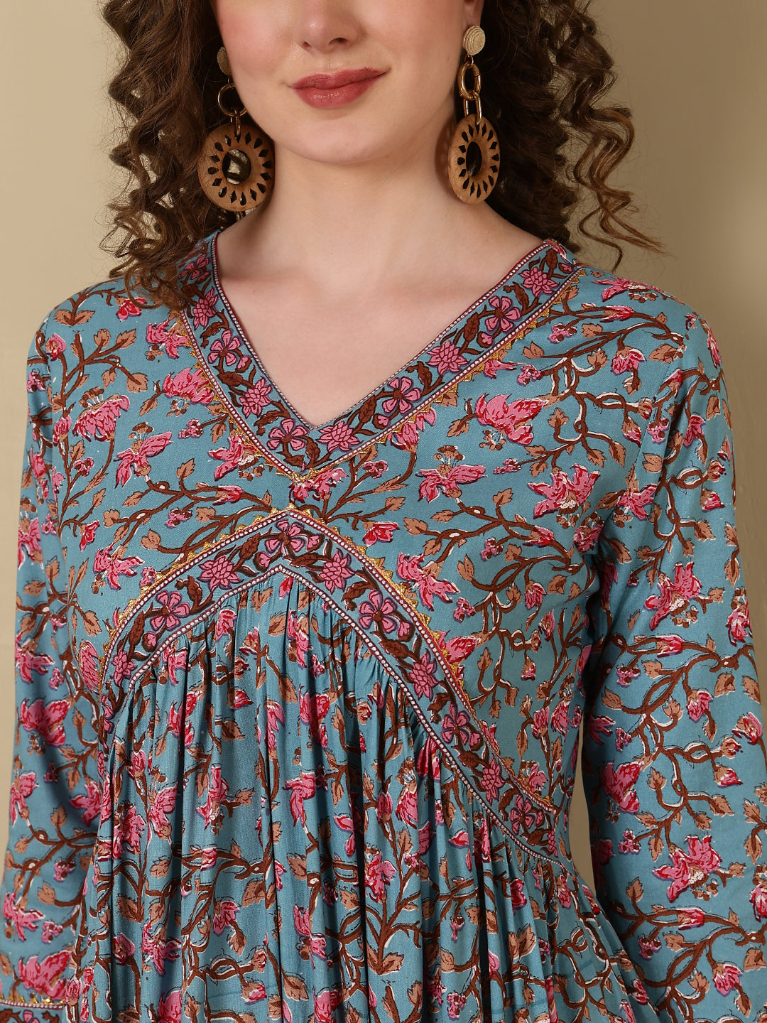 Rayon Printed Ankle Length 3/4 Sleeve V-Neck Alia Cut Tiered Kurta - Image 6