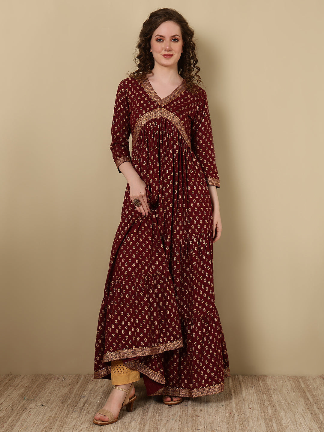 Rayon Printed Ankle Length 3/4 Sleeve V-Neck Alia Cut Tiered Kurta - Image 4