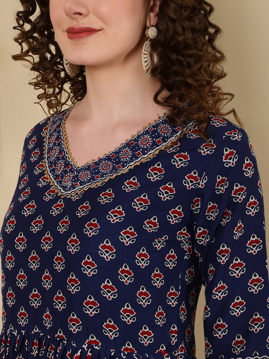 Rayon Printed Ankle Length 3/4 Sleeve V-Neck Nayra Cut Flared Kurta - Image 5