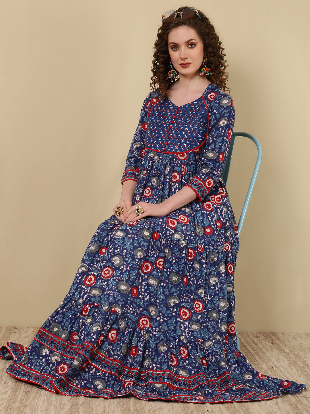Rayon Printed Ankle Length 3/4 Sleeve Round Neck Tiered Kurta