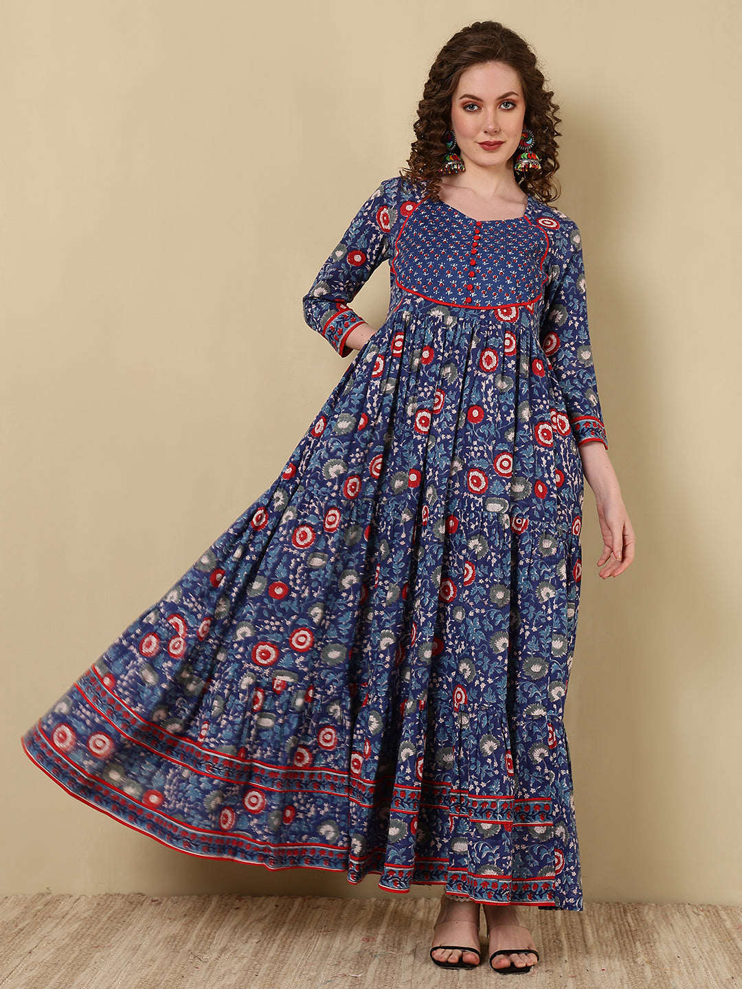 Rayon Printed Ankle Length 3/4 Sleeve Round Neck Tiered Kurta - Image 2