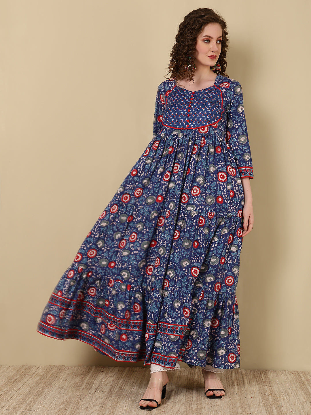 Rayon Printed Ankle Length 3/4 Sleeve Round Neck Tiered Kurta - Image 3