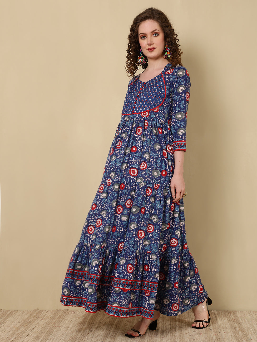 Rayon Printed Ankle Length 3/4 Sleeve Round Neck Tiered Kurta - Image 4