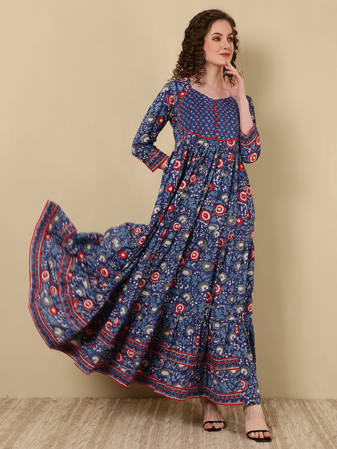 Rayon Printed Ankle Length 3/4 Sleeve Round Neck Tiered Kurta - Image 5