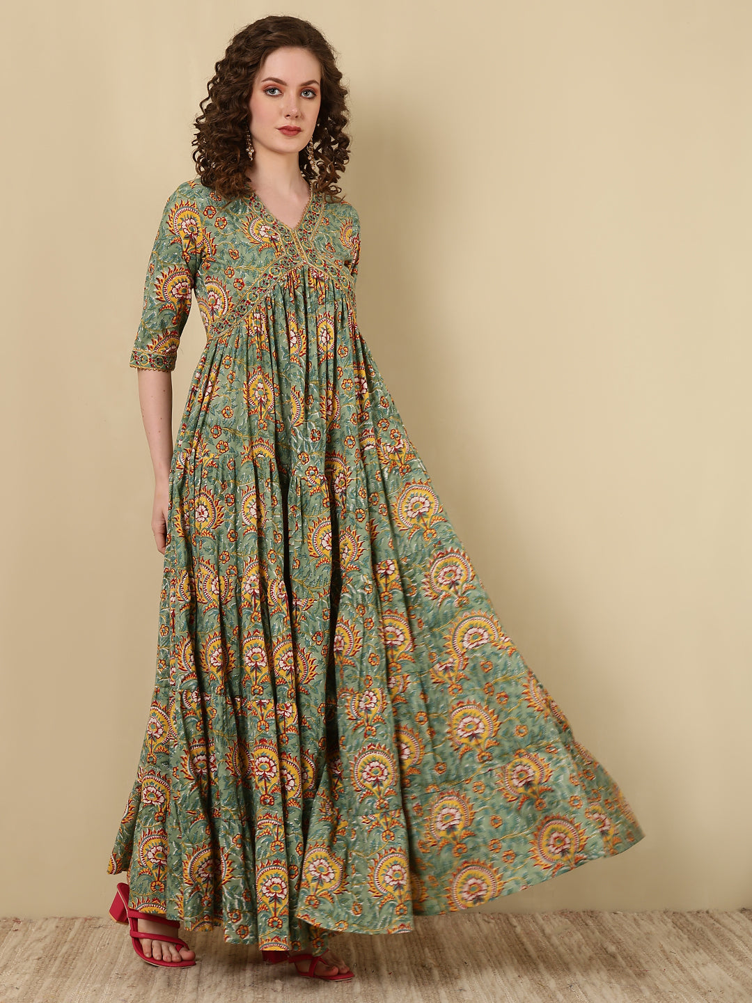 Rayon Printed Ankle Length 3/4 Sleeve V-Neck Alia Cut Tiered Kurta - Image 5