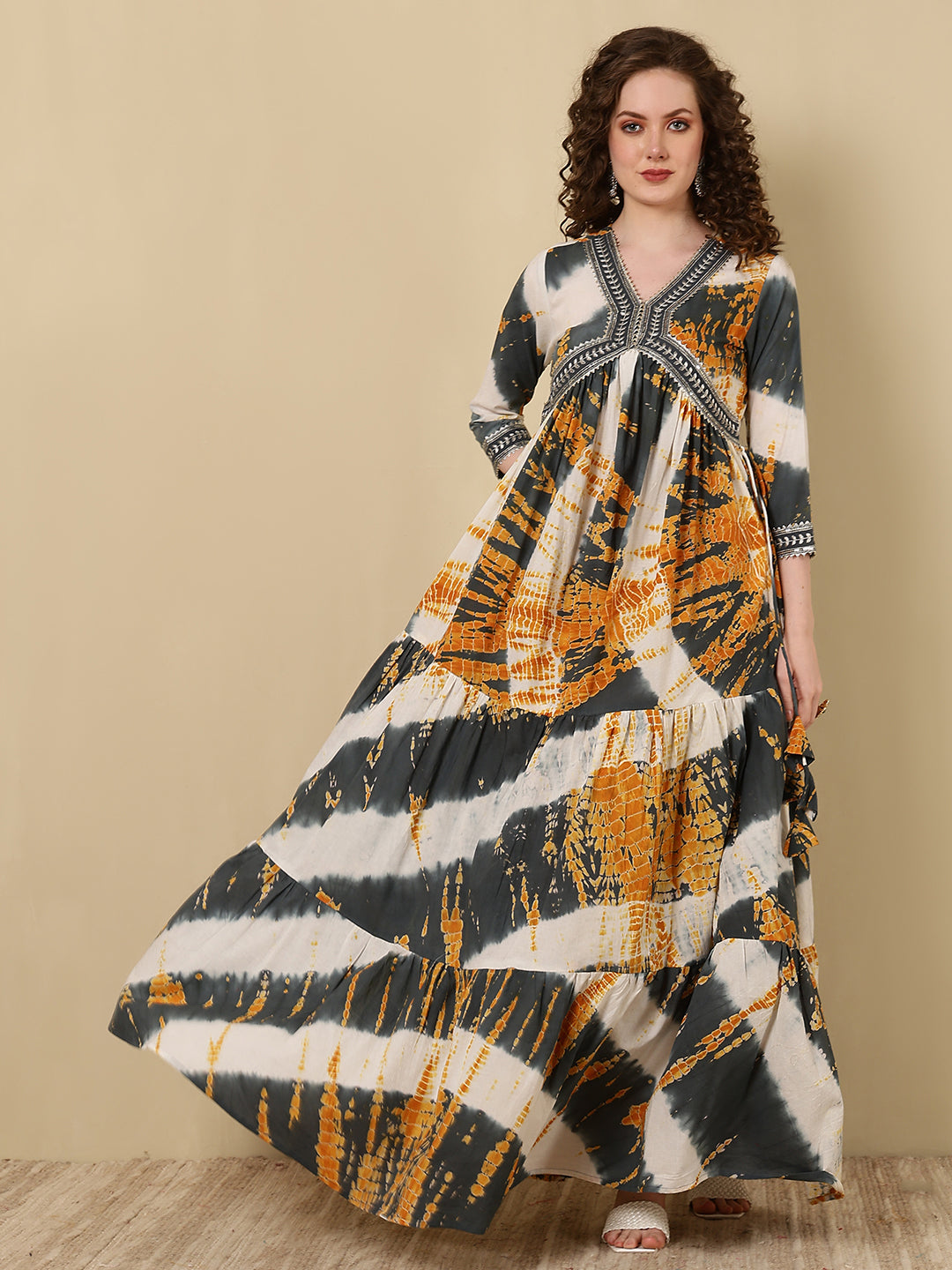 Rayon Embroidered Printed Ankle Length 3/4 Sleeve V-Neck Alia Cut Tiered Kurta - Image 2