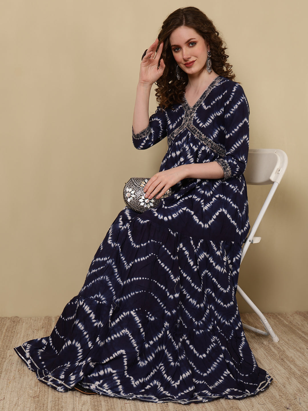 Rayon Printed Ankle Length 3/4 Sleeve V-Neck Alia Cut Tiered Kurta - Image 2