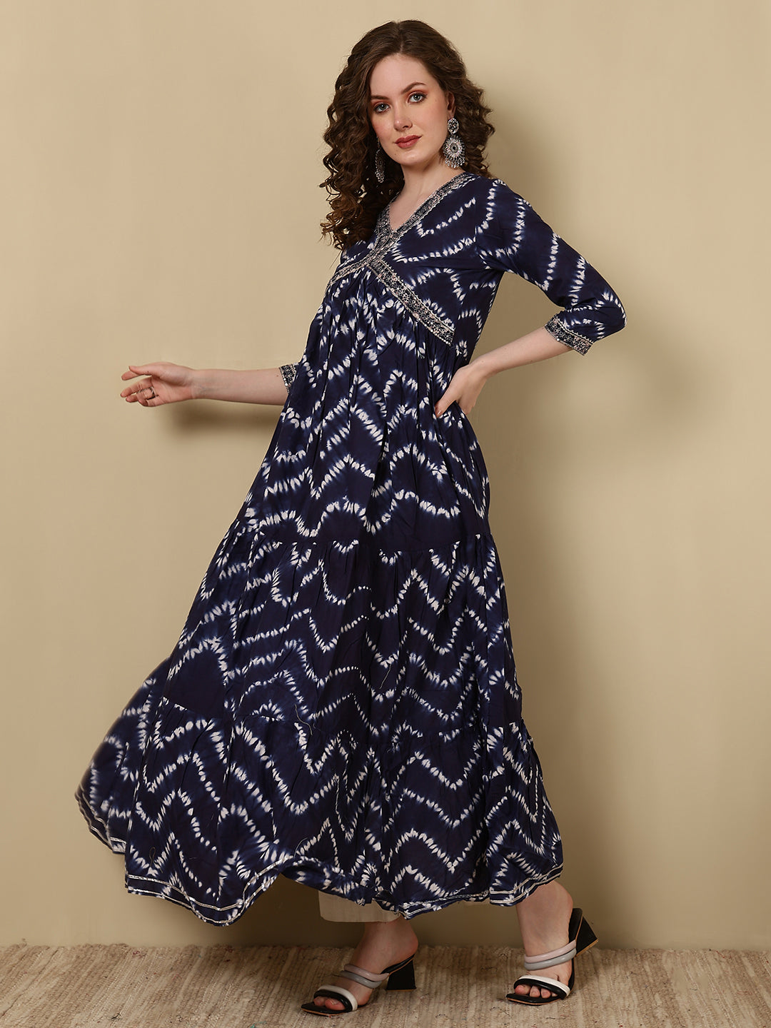 Rayon Printed Ankle Length 3/4 Sleeve V-Neck Alia Cut Tiered Kurta - Image 3