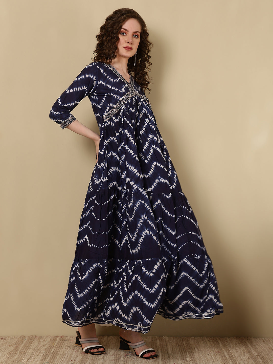 Rayon Printed Ankle Length 3/4 Sleeve V-Neck Alia Cut Tiered Kurta - Image 4