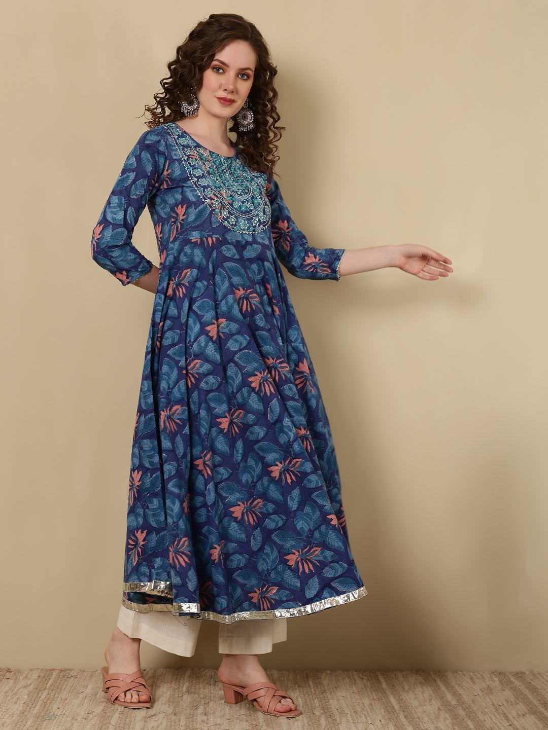 Cotton Embroidered Printed Ankle Length 3/4 Sleeve Round Neck Anarkali Kurta - Image 4