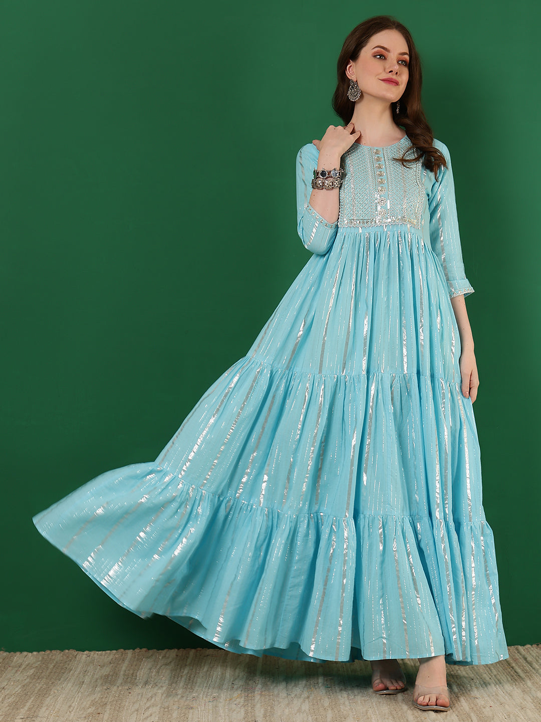 Cotton Lurex Embroidered Ankle Length 3/4 Sleeve Round Neck Tiered Kurta - Image 2