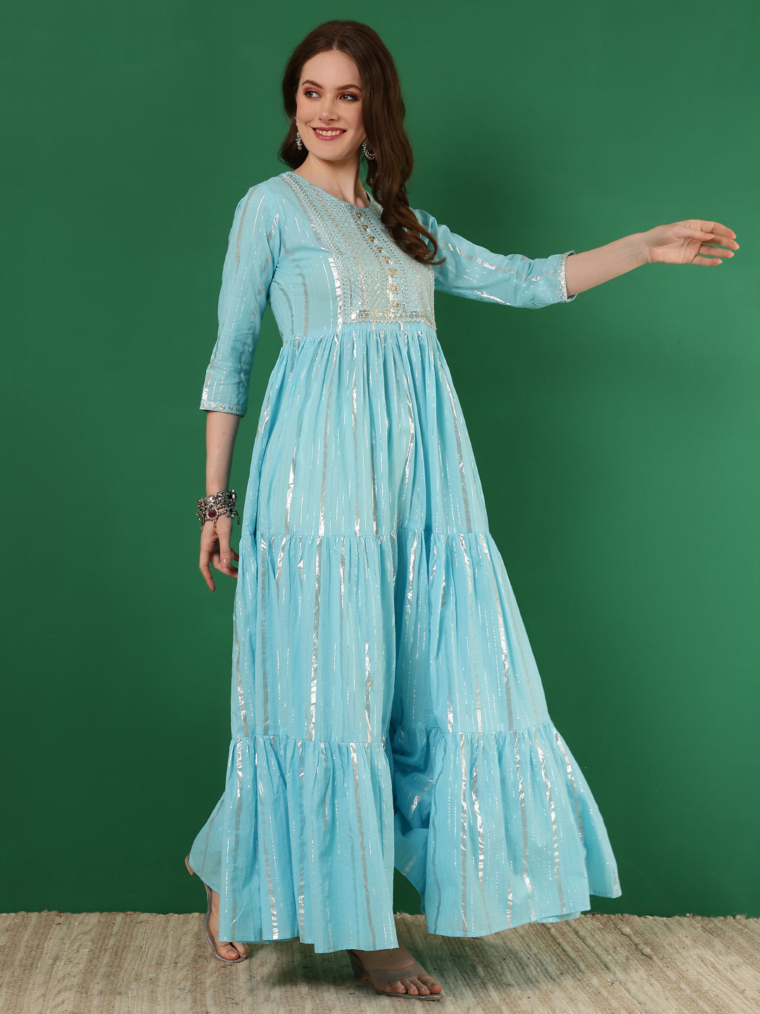 Cotton Lurex Embroidered Ankle Length 3/4 Sleeve Round Neck Tiered Kurta - Image 3