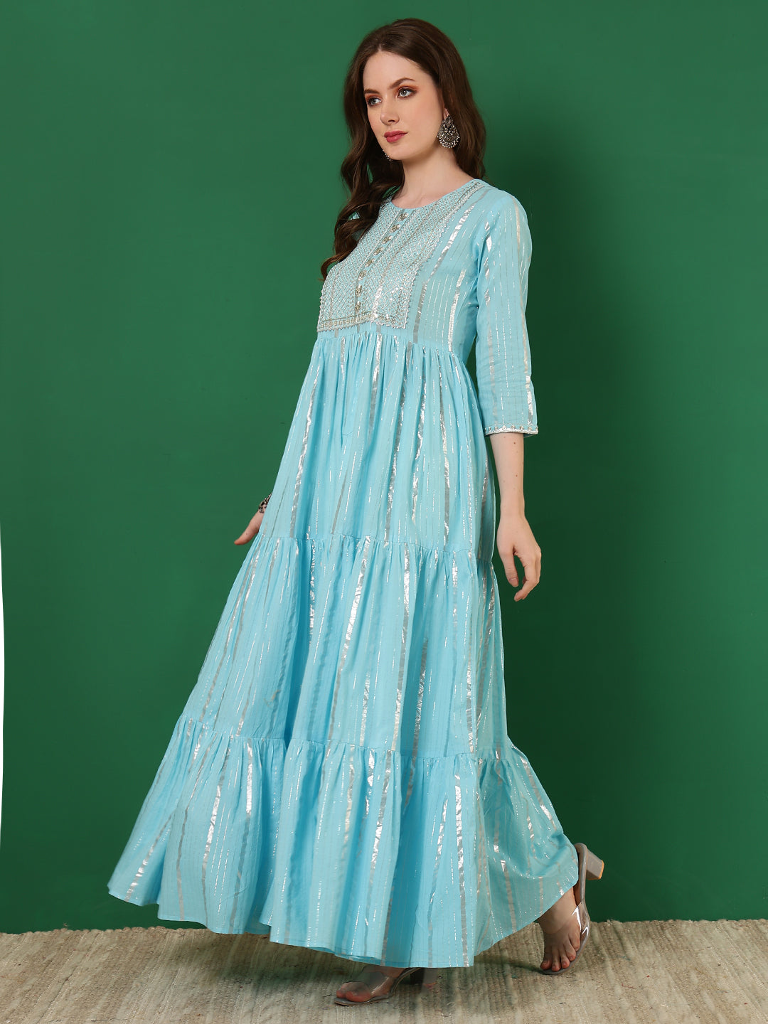 Cotton Lurex Embroidered Ankle Length 3/4 Sleeve Round Neck Tiered Kurta - Image 4