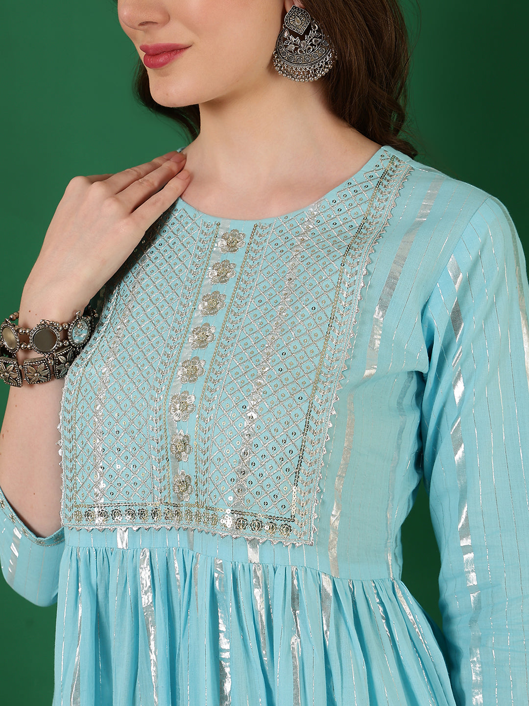 Cotton Lurex Embroidered Ankle Length 3/4 Sleeve Round Neck Tiered Kurta - Image 5