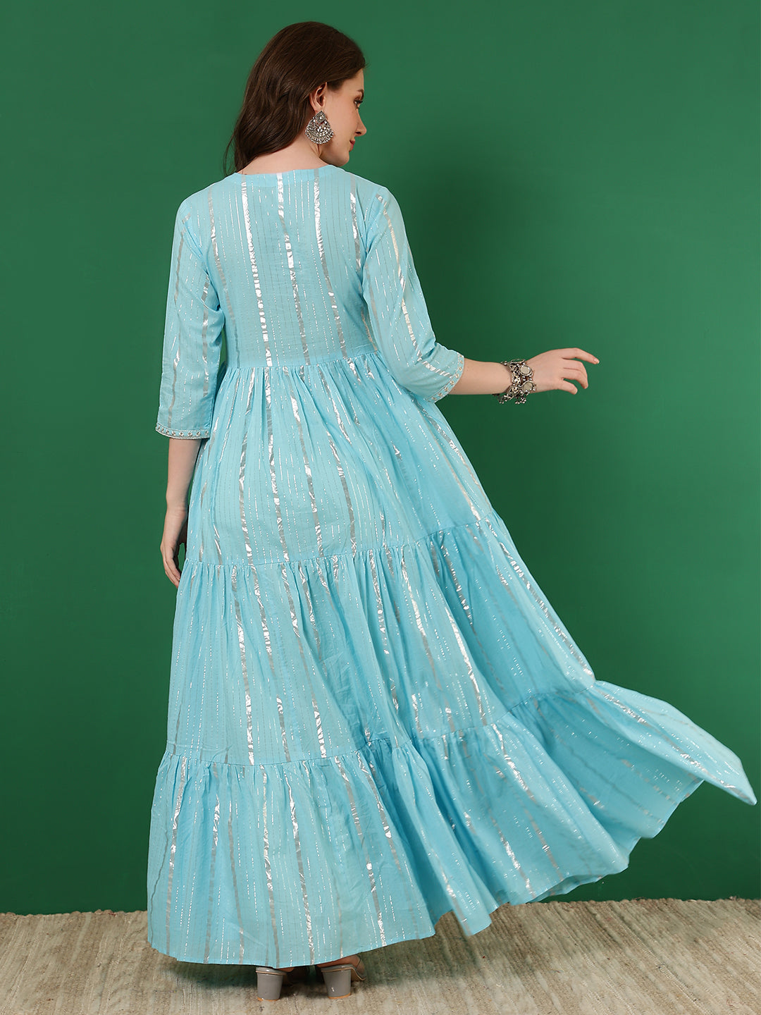 Cotton Lurex Embroidered Ankle Length 3/4 Sleeve Round Neck Tiered Kurta - Image 6