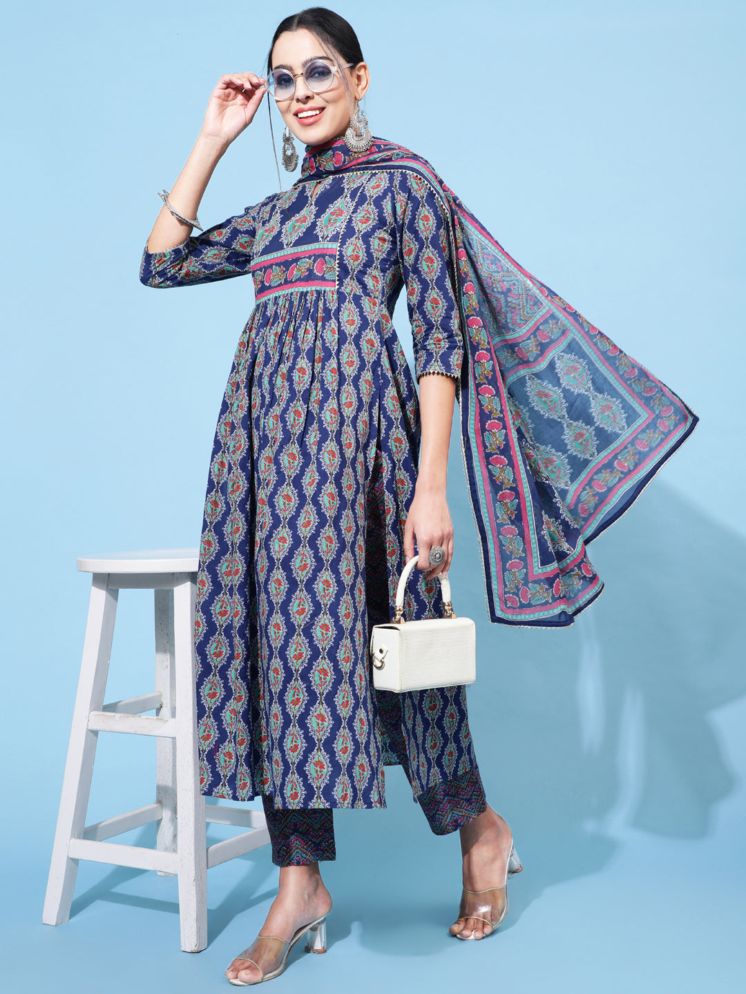Cotton Calf Printed Semi-Flared 3/4 Sleeve Round Neck Kurta Bottom Dupatta Set - Image 4