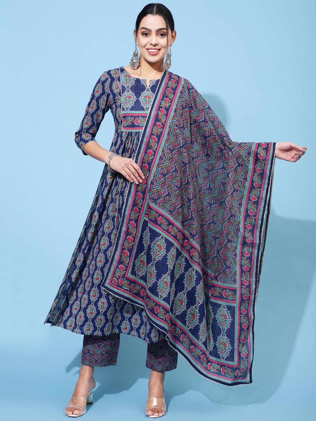 Cotton Calf Printed Semi-Flared 3/4 Sleeve Round Neck Kurta Bottom Dupatta Set - Image 2