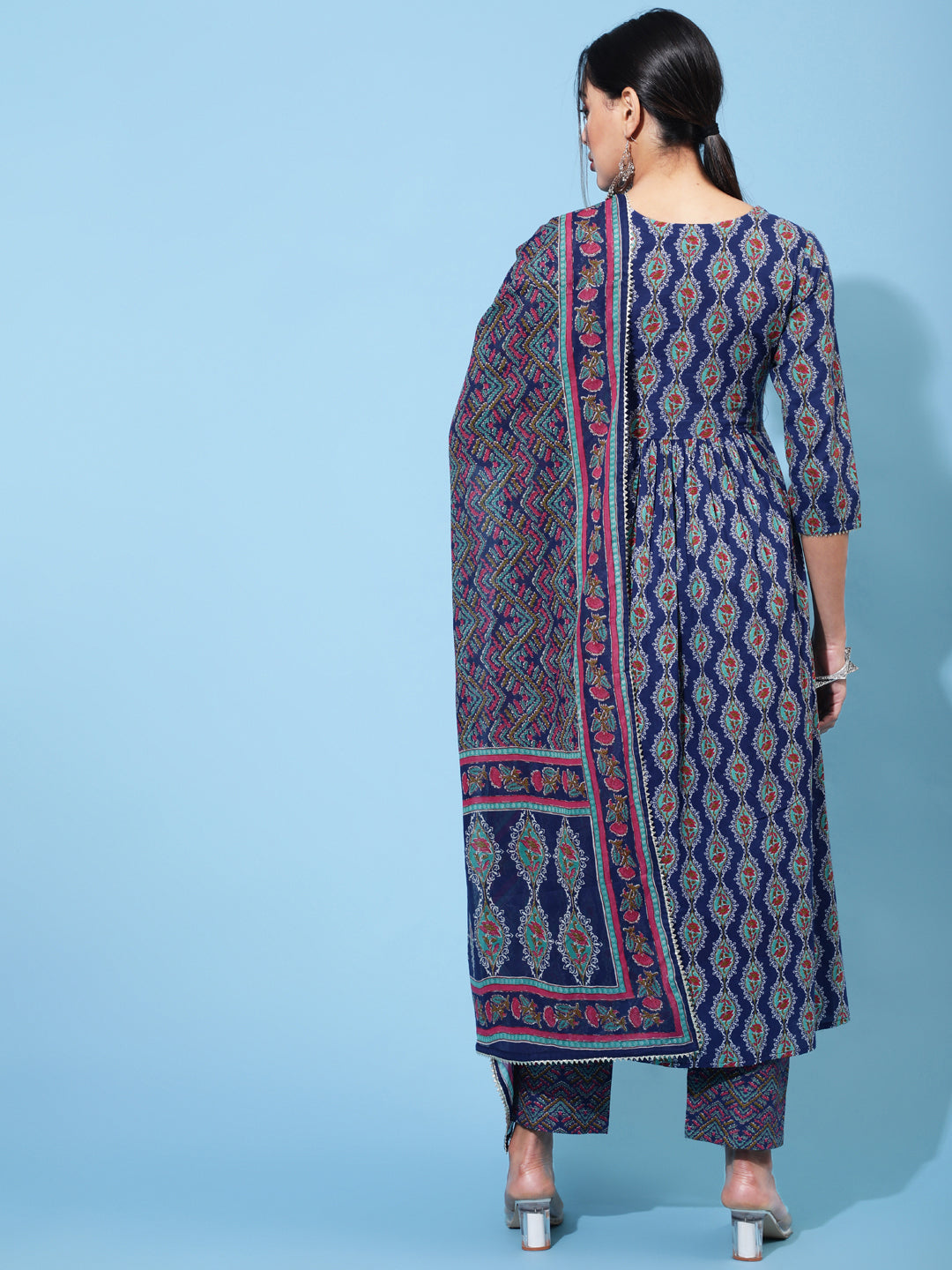 Cotton Calf Printed Semi-Flared 3/4 Sleeve Round Neck Kurta Bottom Dupatta Set - Image 3