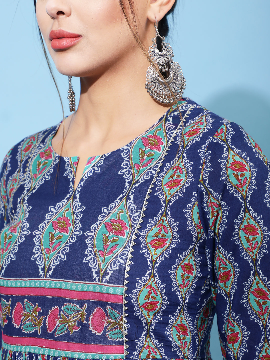 Cotton Calf Printed Semi-Flared 3/4 Sleeve Round Neck Kurta Bottom Dupatta Set - Image 5